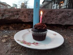Disjointed sidewalk, ruler showing 5.5-inch gap, chocolate cupcake with pink candle on a floral-printed plate