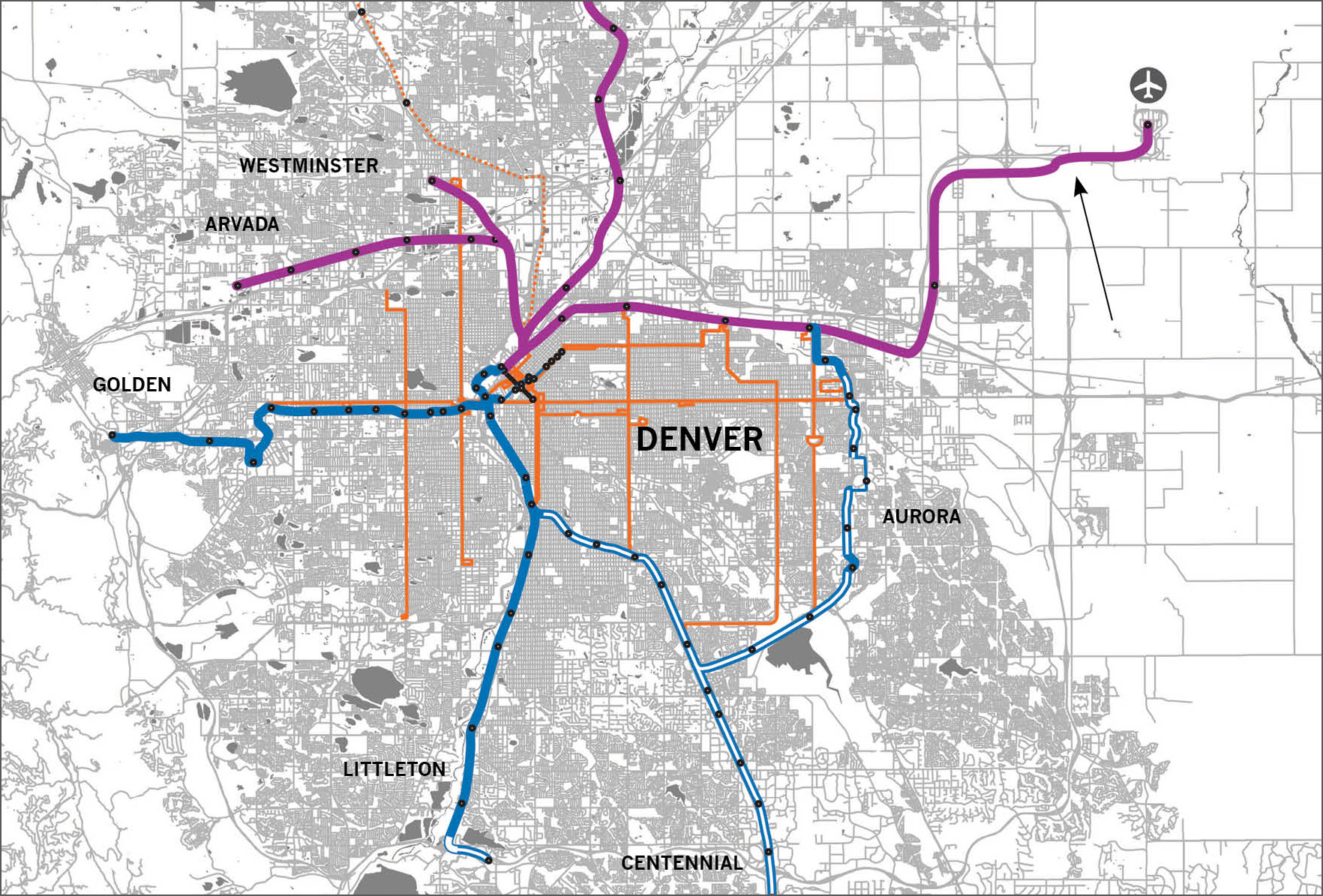This detail of a larger map in the book shows RTD's high-frequency transit network. From "Trains, Buses, People." All map images: Island Press.