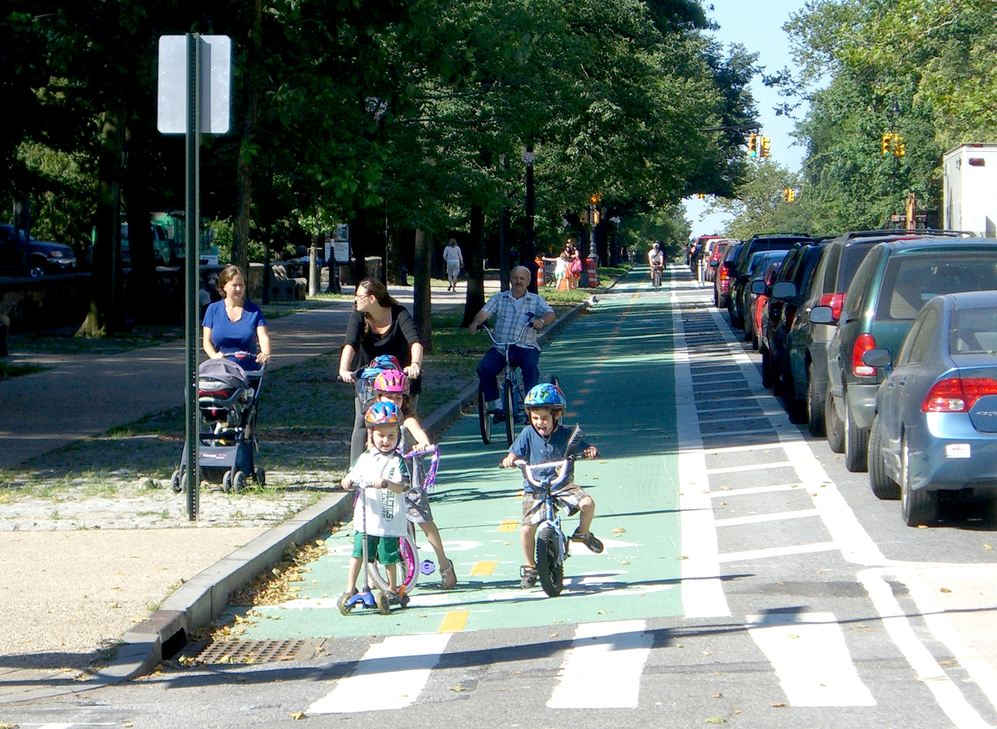 A parking-protected bike lane along Prospect Park West tamed the mean streets of New York so much that parents feel comfortable allowing their children there.